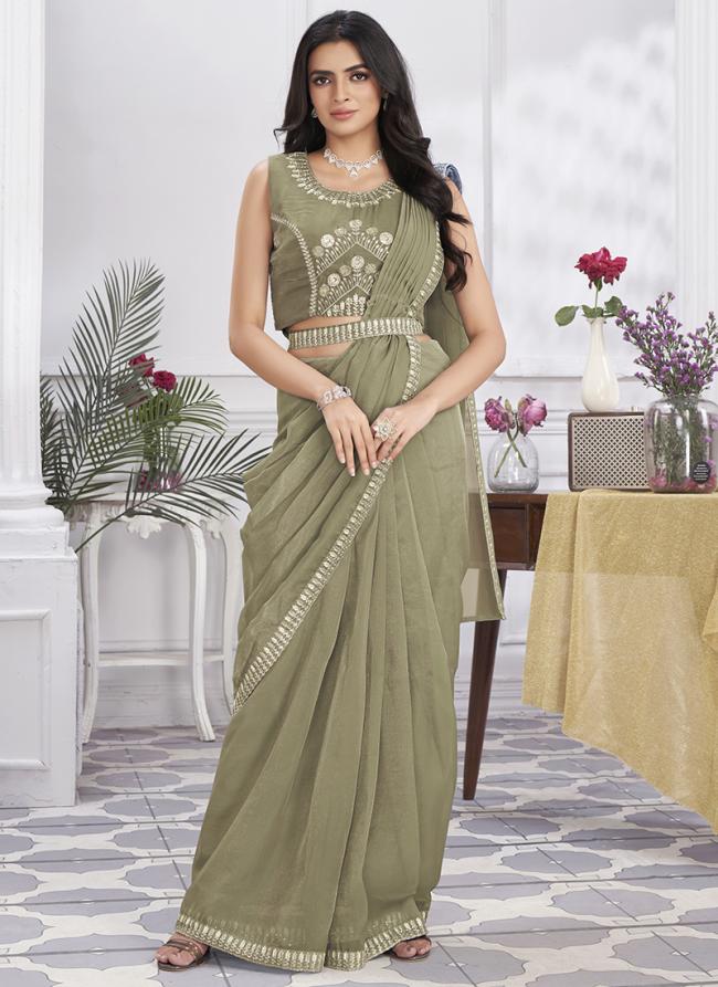 Shimmer Georgette Khaki Party Wear Embroidery Work Ready To Wear Saree